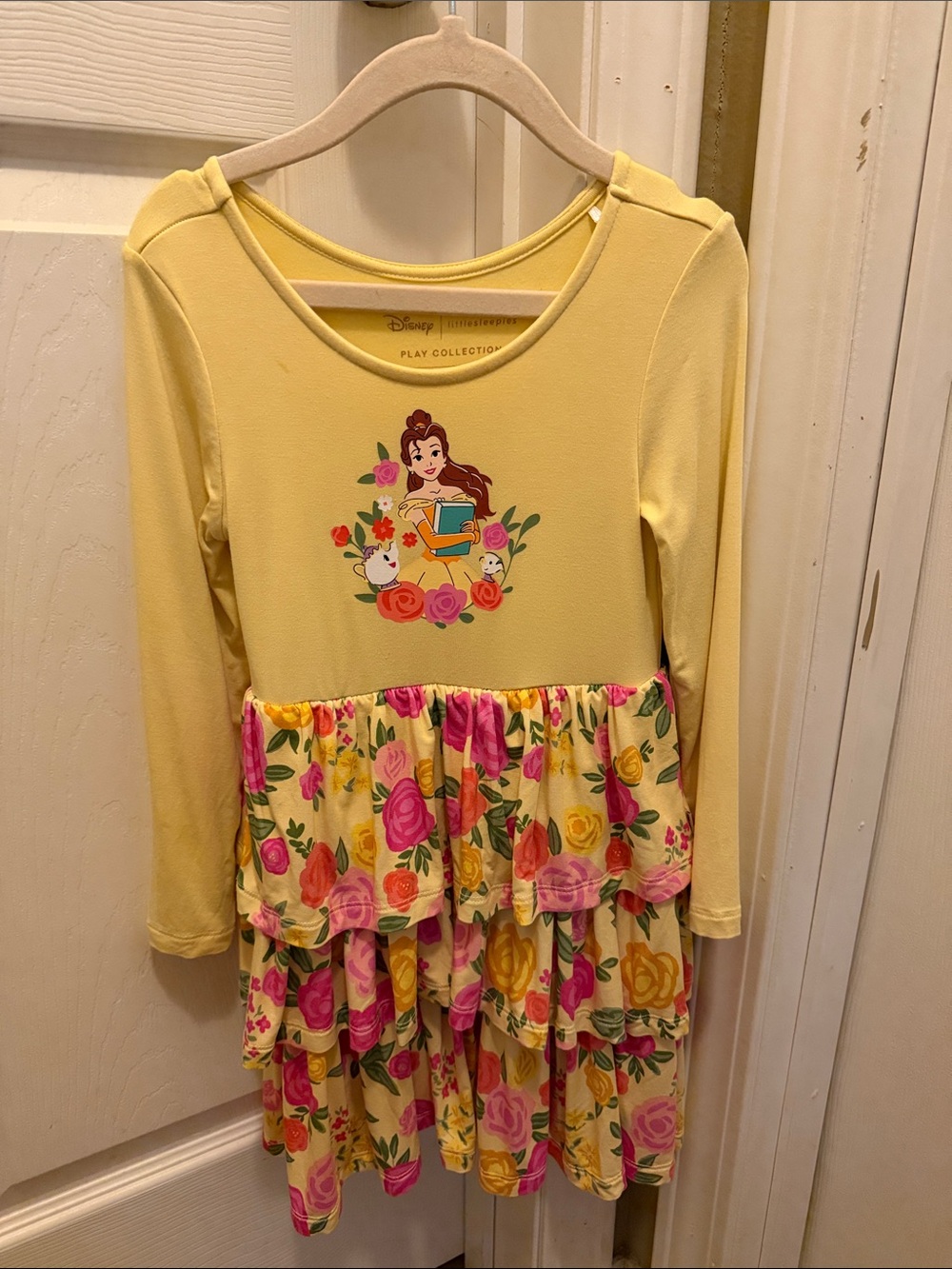 Little Sleepies Disney- Belle, Yellow Floral Tiered Long-Sleeve Dress, 4T.